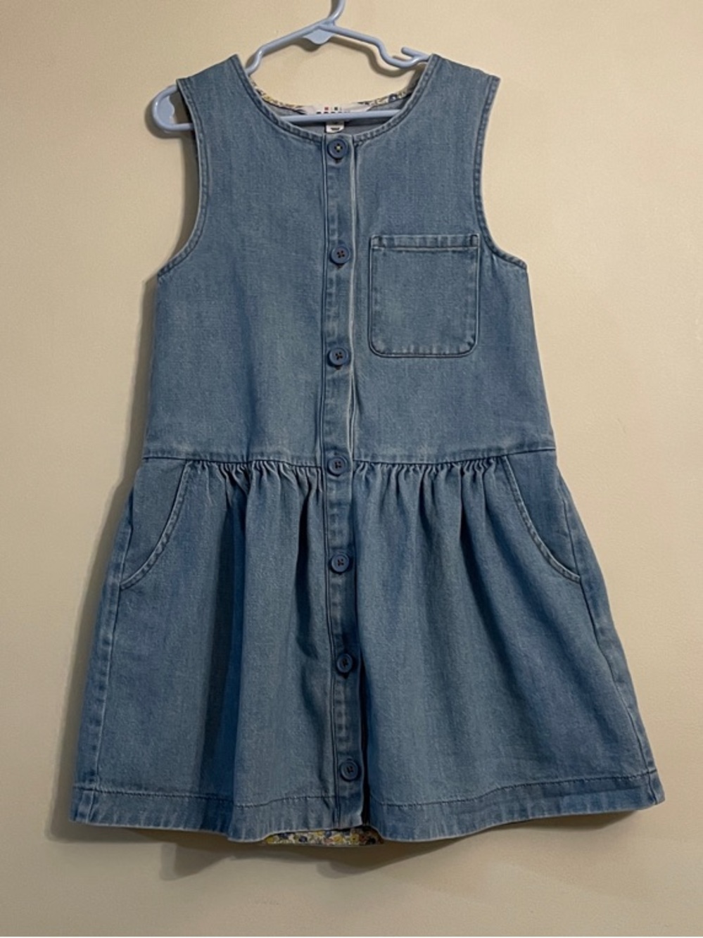 Mini Boden Girls Denim Button Front Dress Size 7-8Y Blue Cotton Pockets